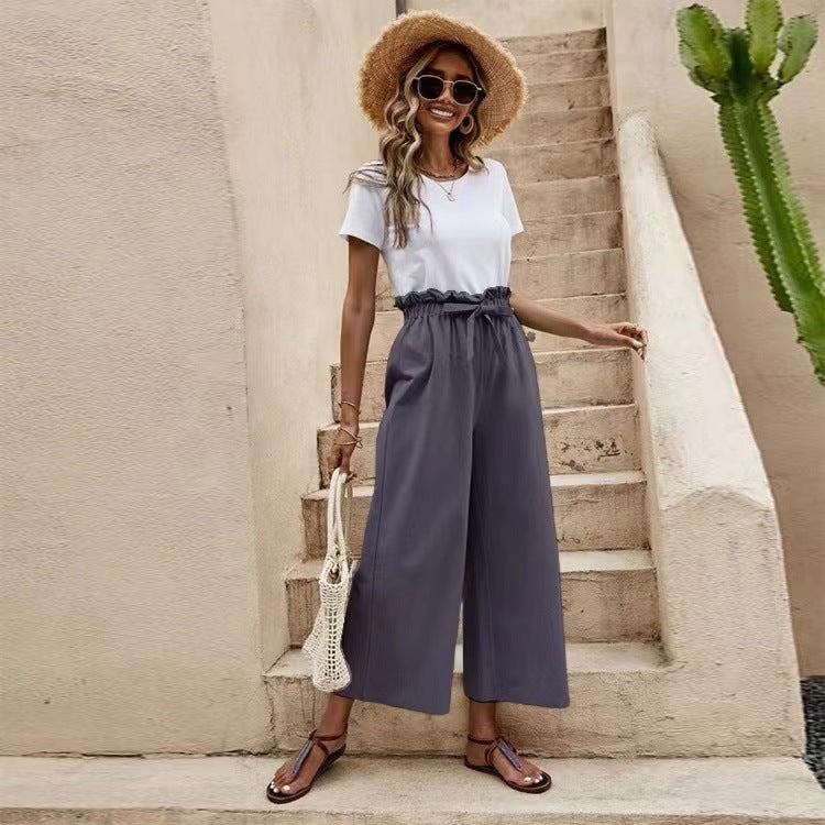 Women's Solid Color Elastic Waist Casual Belted Wide Leg Pants