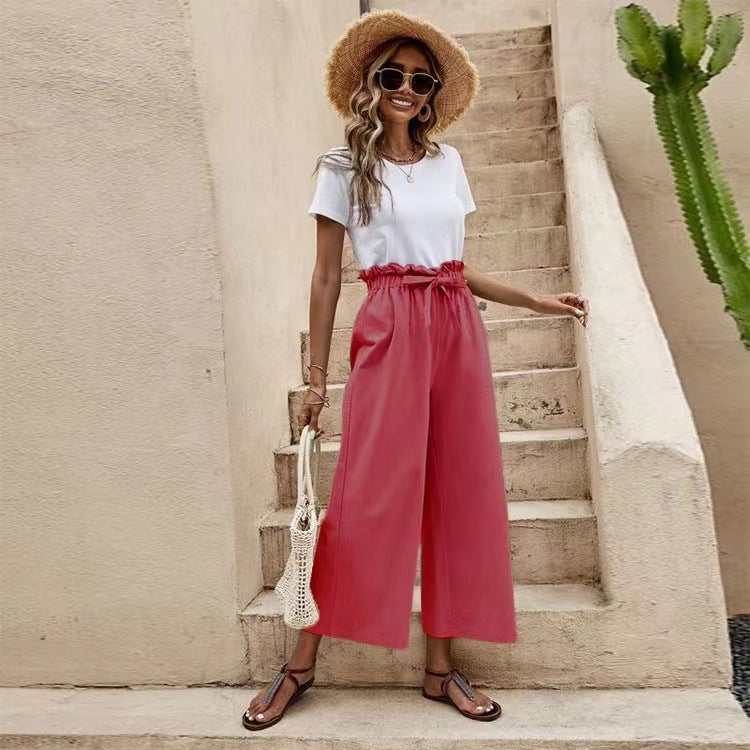 Women's Solid Color Elastic Waist Casual Belted Wide Leg Pants