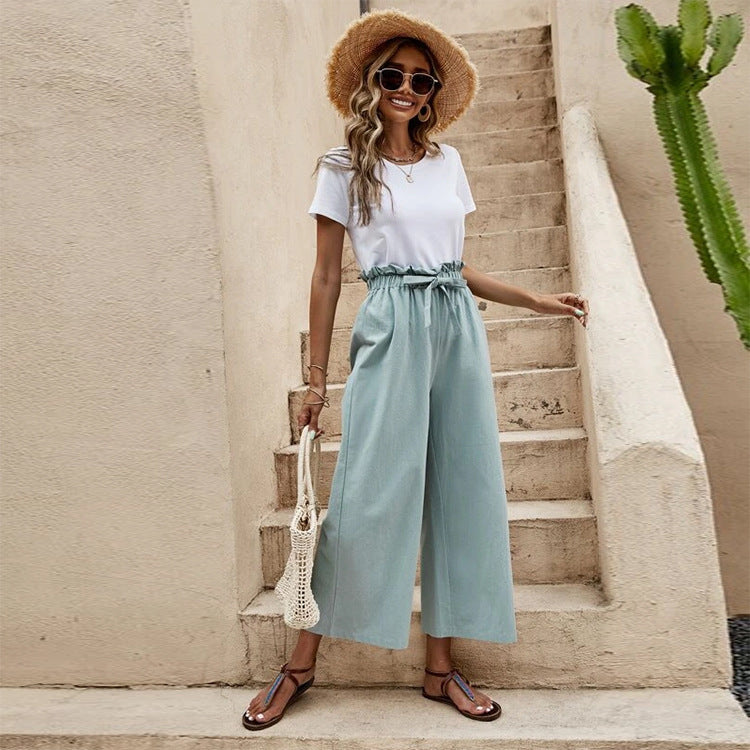 Women's Solid Color Elastic Waist Casual Belted Wide Leg Pants