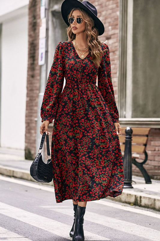 Floral V-Neck Long Puff Sleeve Dress