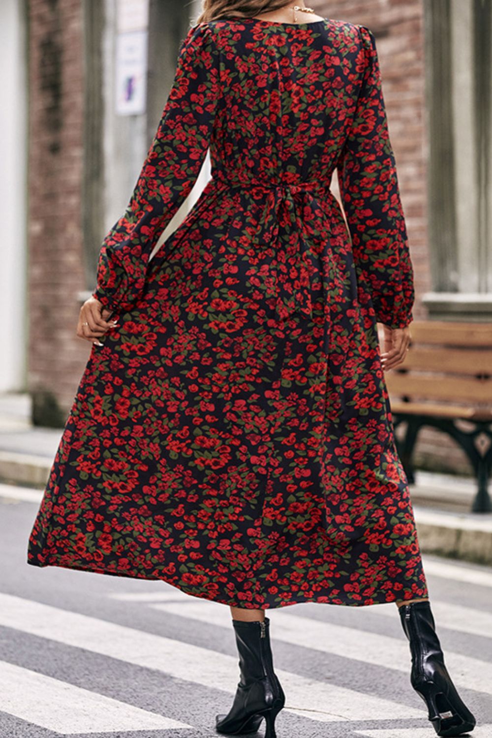 Floral V-Neck Long Puff Sleeve Dress