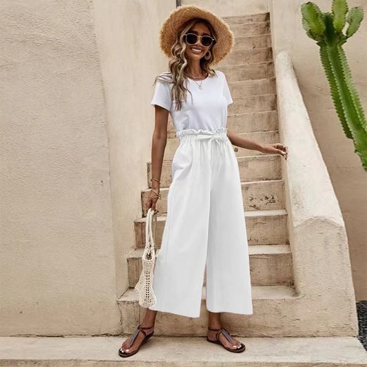 Women's Solid Color Elastic Waist Casual Belted Wide Leg Pants