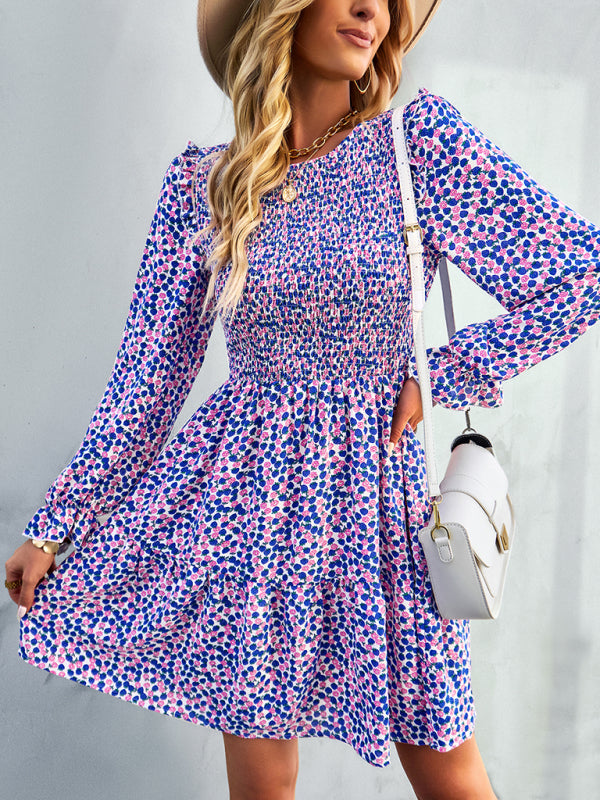 Women's round neck long sleeve versatile Floral Dress