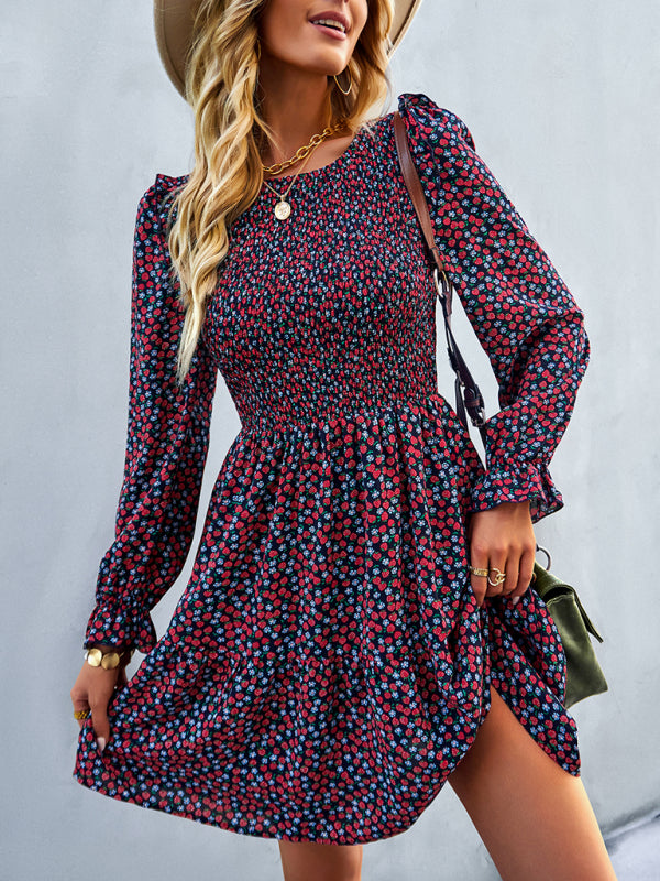 Women's round neck long sleeve versatile Floral Dress